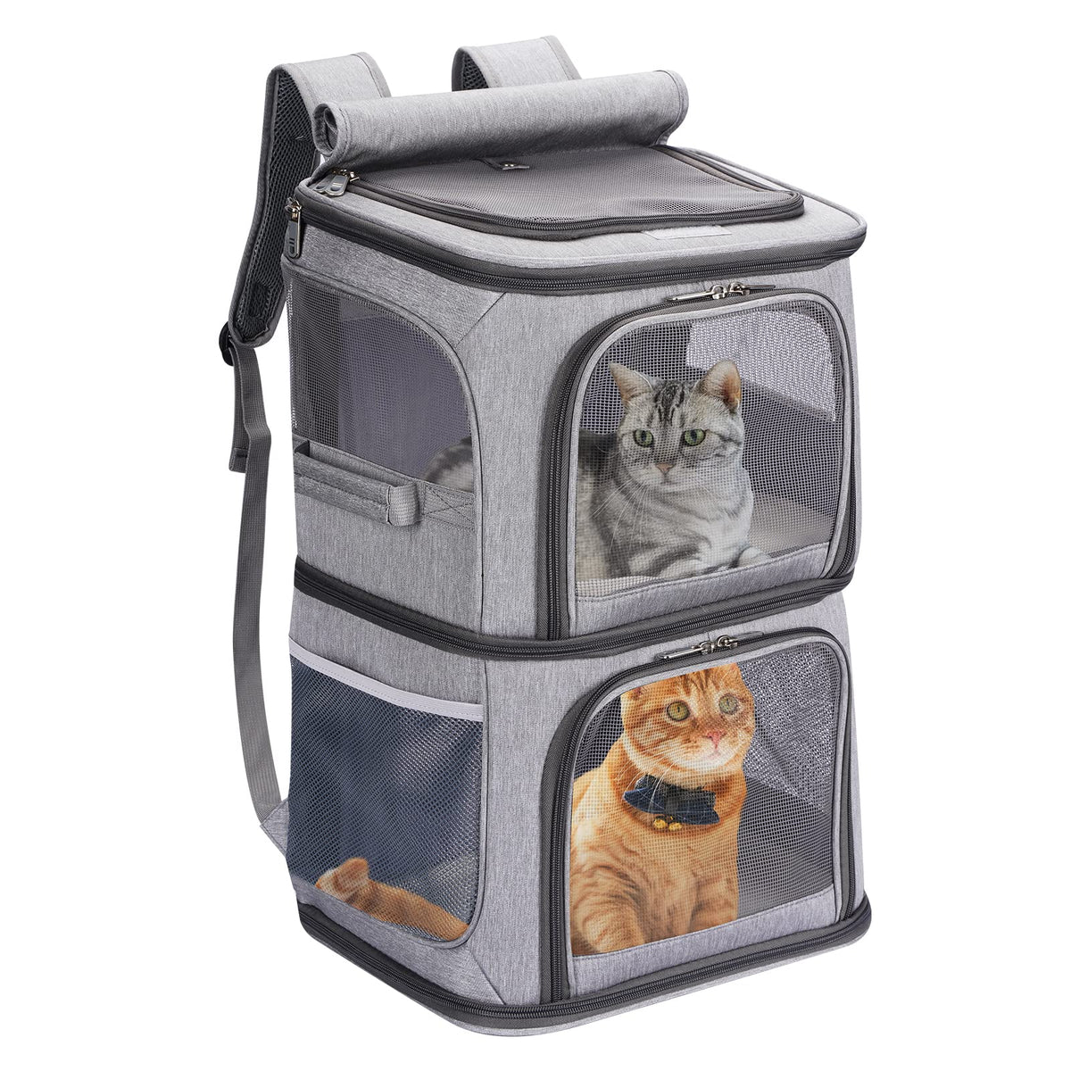 2-in-1 Double Pet Carrier Backpack for Small Cats & Dogs, Grey - Image 1