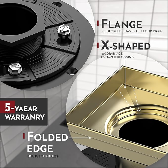WEBANG 4 Inch Square Shower Drain Gold Floor Drain with Flange Wave-Hole Pattern Cover Grate Removable SUS304 Stainless Steel Watermark&CUPC Certified Brushed Gold
