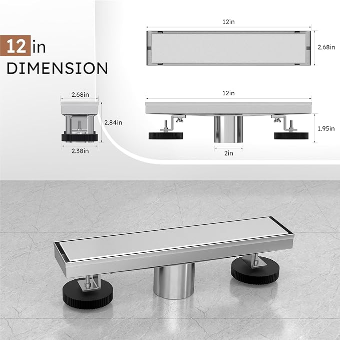 Linear Shower Drain 12 Inch,Modern Rectangle Shower Floor Drain with 2-in-1 Tile Insert Cover, Stainless Steel SUS 304, Linear Drain with Leveling Feet& Hair Strainer