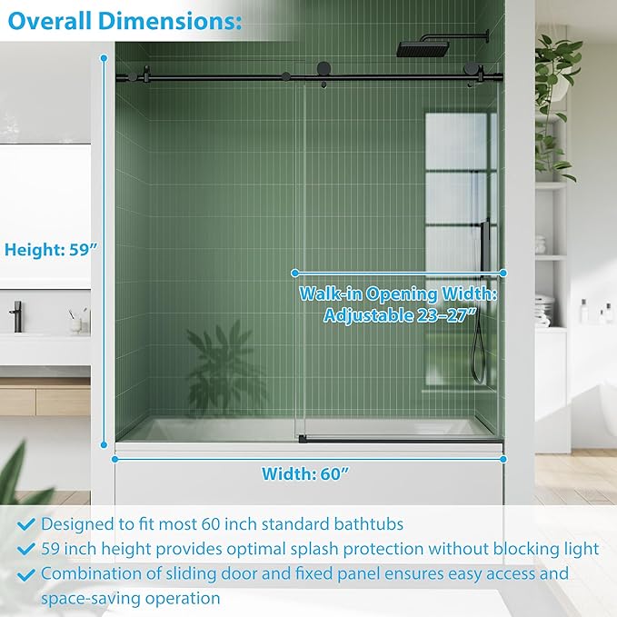 Frameless Bathtub Shower Door 56–60 Inch W × 59 Inch H, Sliding Tub Door with Fixed Panel, 8mm Coated Tempered Glass, Stainless Steel Round Rail, Matte Black