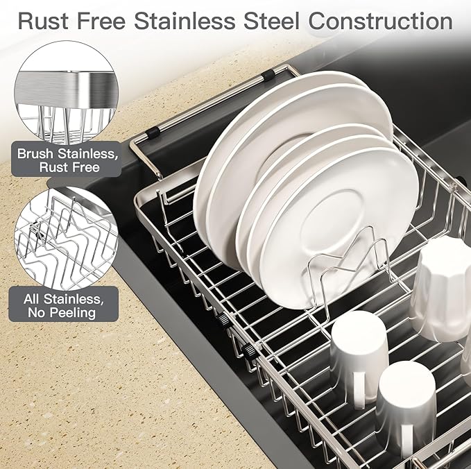 MAJALiS Small Expandable Over The Sink Dish Drying Rack Drainer In Stainless Steel Metal For Kitchen, Counter Space Saving Compact Plate Dryer Strainer Adjustable Hanging Inside Sink Wire Drain Holder