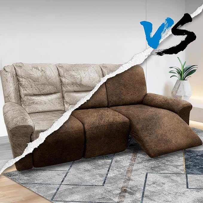 Couch Cover 8-Pieces Sofa Covers Washable Recliner Sofa Covers 3 Seater Leather Look Recliner Slipcovers with Pockets Spandex Fabric Furniture Covers(Recliner Sofa, Brown)