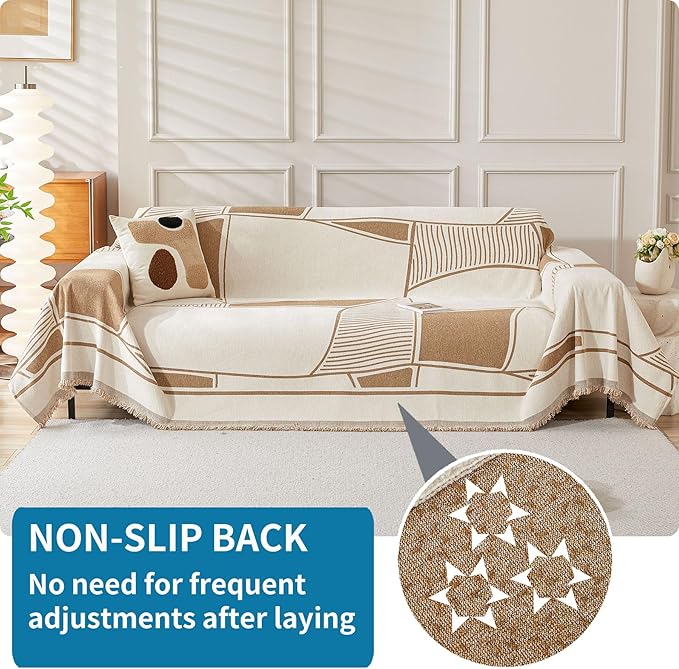 HAOMAIJIA Non Slip Couch Cover - Washable Sofa Covers for 2 Cushion Sectional Couch, Dog & Pet Furniture Protector Blanket for Living Room (Brown-Cream, 71"x118")