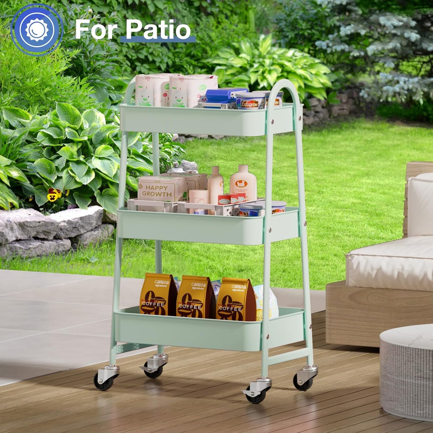 3-Tier Metal Rolling Storage Cart with Lockable Wheels – Mesh Utility Cart for Bathroom, Kitchen & Living Room (Pale Green)