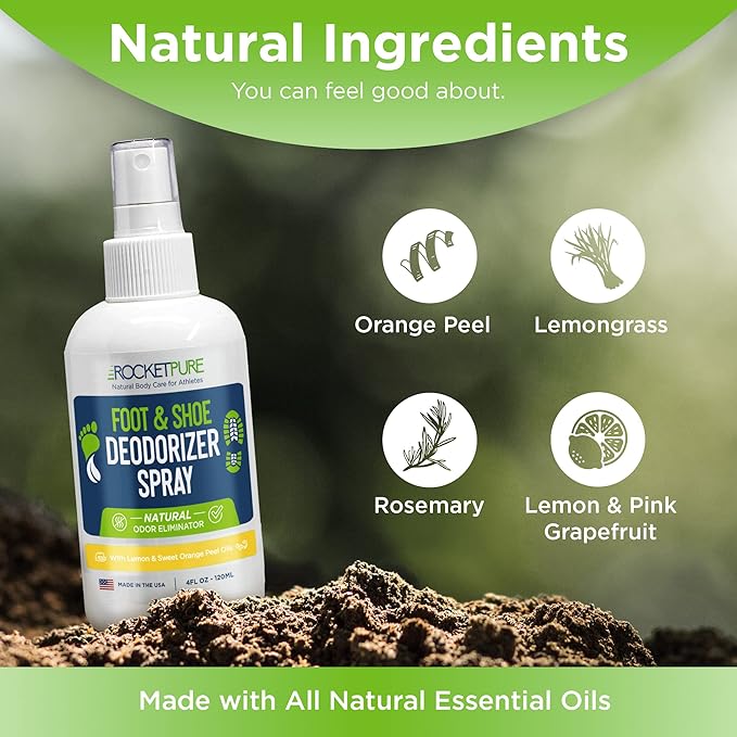 Rocket Pure Natural Foot and Shoe Deodorizer Spray, Deodorant and Odor Eliminator for Smelly Feet, Smell Remover, Formulated with Essential Oils, Made in the USA, Lemon, 4 fl oz