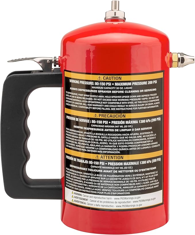 Powerbuilt 1 Quart Refillable Non-Aerosol Pressurized Sprayer for Oil, Lubricants, Degreasers - 32oz Canister w/Brass Nozzles & Stainless-Steel Corrosion Resistant Core, 2 Pack Blue & Red - 643102ECE