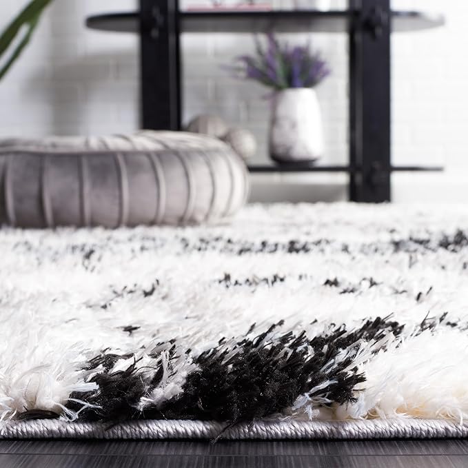 SAFAVIEH Lindsay Shag Collection Area Rug - 6'7" Square, Grey & Black Ivory, Modern Design, 1.8-inch Thick, Ideal for High Traffic Area in Living Room, Bedroom, Dining (LNS556G-7SQ)