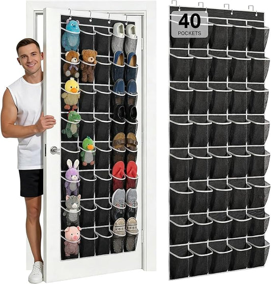 40-Pocket Over the Door Shoe Organizer - Large Mesh Pocket Hanging Shoe Organizer,Behind the Door Shoes Storage Holder Hanger (Black-W)