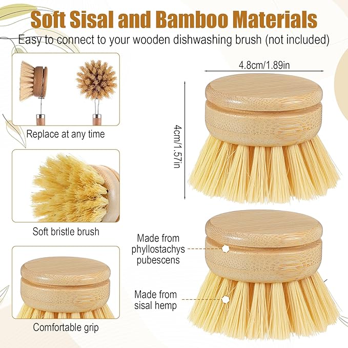10 Pcs Bamboo Dish Brush Replacement Heads, Bamboo Dish Scrubber Soft Sisal Bristle Scrubber for Kitchen Room Cleaning Supplies