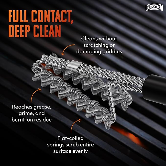 Brushtech Double Helix Safety Flat-Top Griddle Brush - Non-Toxic Grill Cleaning Brush with Stainless Steel Springs - Heavy-Duty BBQ Grill Cleaner, Great Gifts for Him, Made in USA