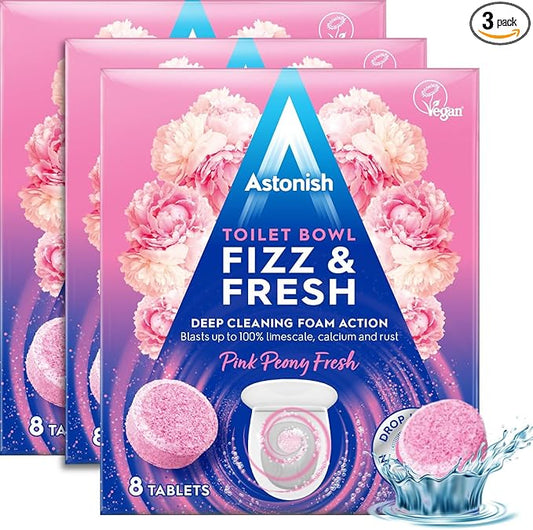 Astonish Foaming Pink Peony Toilet Bowl Cleaner - Deep Cleaning Limescale, Calcium & Rust - No Bottle, Removes Hard Stains - Box of 8 Tablets (3 Pack)