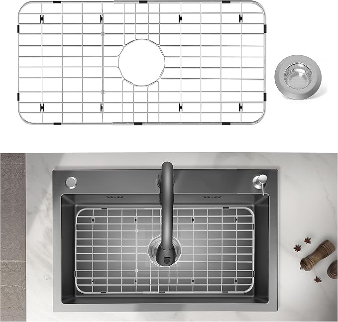 Stainless Steel Sink Protector 25-1/8" x 12-7/8" with Center Drain, Metal Sink Rack for Bottom of Sink, Kitchen Sink Grate and Sink Protectors with Sink Strainer (25-1/8" x 12-7/8" - Center Drain)