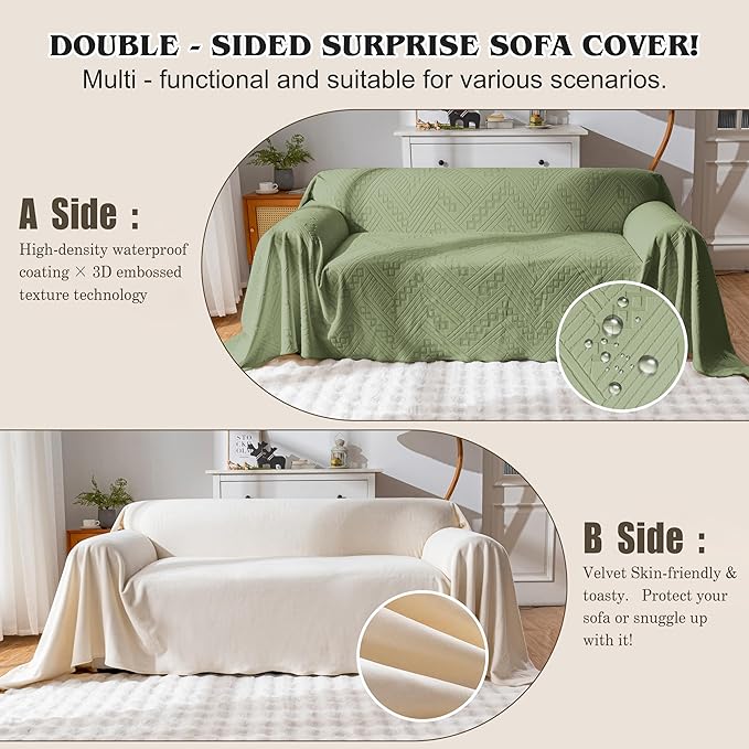 Waterproof Couch Cover, Reversible, Pet-Friendly, Washable and Anti-Slip Couch Covers for Sofa Protection with 3 Cushions, Sofa Slipcovers for Dogs and Cats (71×118in/Green)