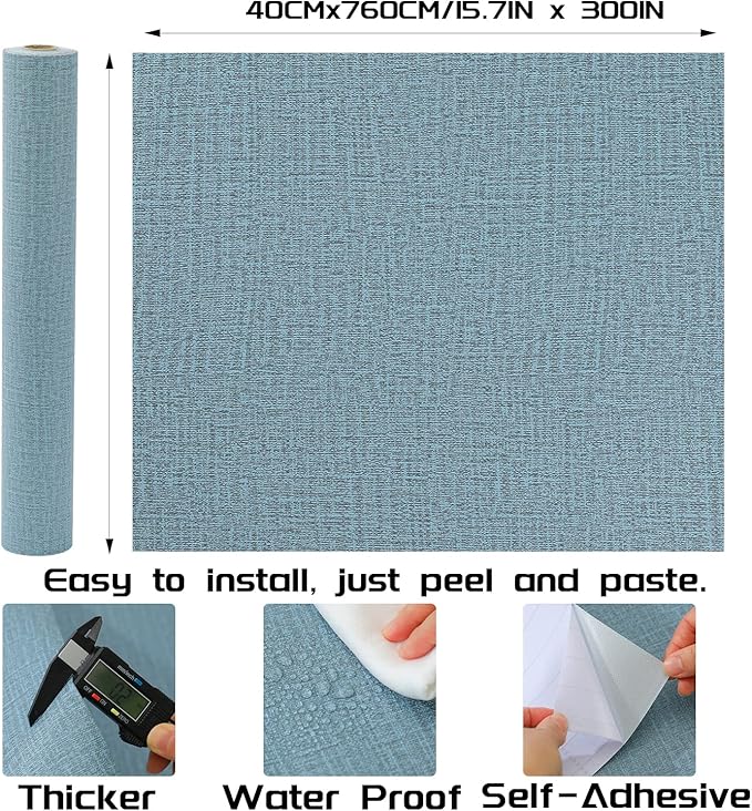 Peel and Stick Wallpaper Blue Grass Cloth Wall Paper - 15.7 x 300 Inch Self Adhesive Wallpaper Peel and Stick, Easy to Paste Wall Contact Paper for Stand Liner, Table and Door Makeover Decor