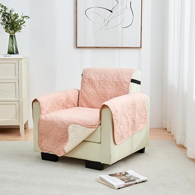 Great Bay Home Reversible Chair Cover - Washable Slipcover Furniture Protector with Elastic Straps - Furniture Cover for Dogs, Kids, and Pets - Quilted & Stitched Detail (Chair, Dusty Rose/Taupe)