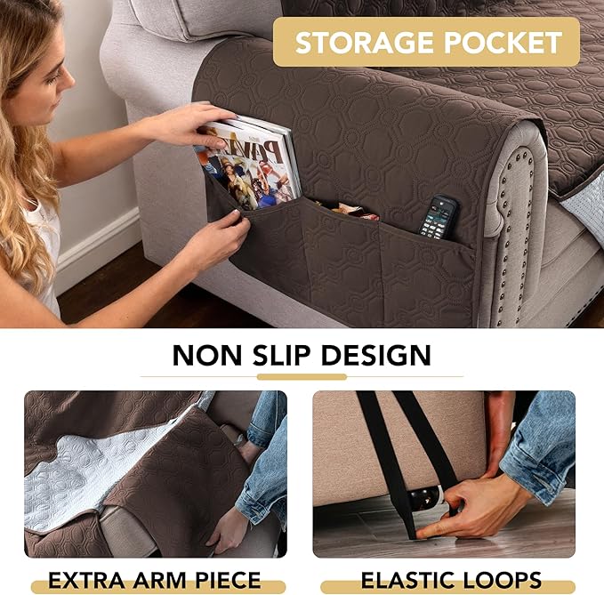 H.VERSAILTEX 100% Waterproof Couch Cover for Dogs Washable Thick Soft Chair Covers with Storage Pocket Non Slip Furniture Protector with Elastic Straps(Chair, Brown)