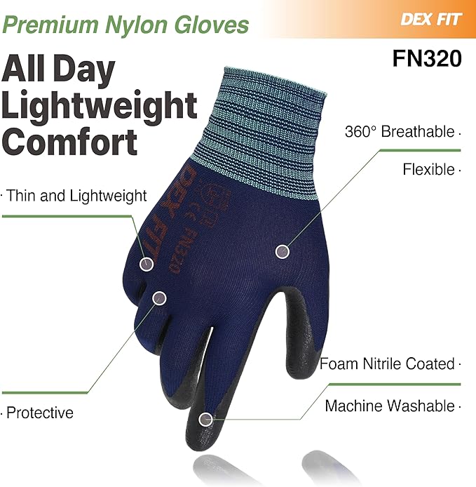 DEX FIT Premium Nylon Work Gloves FN320 - Firm Nitrile Grip, 3D-Comfort Stretchy Fit, Thin & Lightweight, Protective & Durable, Breathable, Machine Washable; Navy 9 (L) 1 Pair