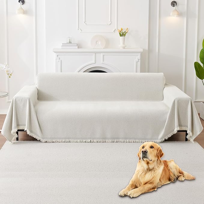 HAOMAIJIA Non Slip Couch Cover Sofa Covers for 3 Cushion Couch Washable sectional Couch Covers for Dogs pet Furniture Protector Couch Cover Blanket for Living Room (Off White, 91"x118")