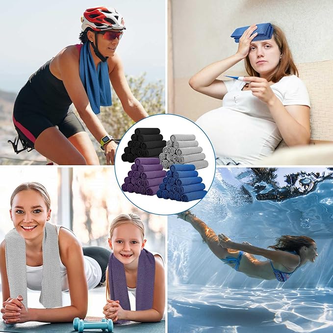 Shellwei 80 Count Cooling Towel Bulk 40 x 12 Inch Double Layer Microfiber Chilly Cold Towel for Neck Gym Yoga Running Workout Sports(Black, Purple, Gray, Blue)