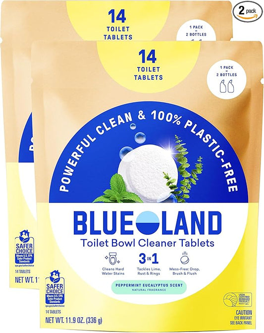 BLUELAND Toilet Bowl Cleaner Tablets, 2-Pack, 28 Count, Peppermint Eucalyptus, Plastic-Free, No Harsh Chemicals, Plant-Based