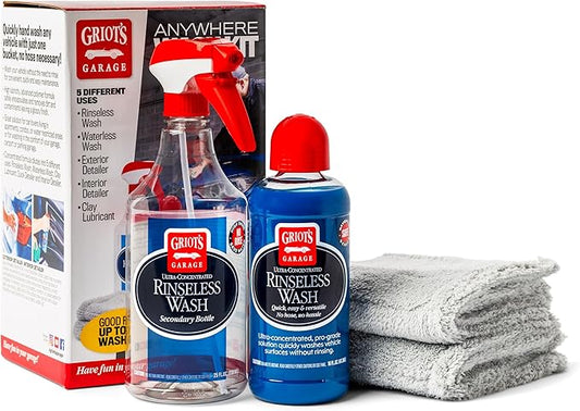 Griot's Garage Anywhere Wash Kit, Vehicle Cleaning Supplies, Includes Rinseless Wash, 16 Oz, Secondary Bottle, 25 Oz, Microfiber Plush Edgeless Wash Cloths, Set of 2