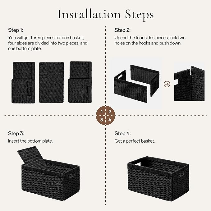 joybest Black Wicker Baskets, Hand-woven Storage Baskets for Organizing, Foldable Rectangular Storage Organizer Bins for Shelves with Built-in Handles 13L x 10W x 5H inch, 4-pack