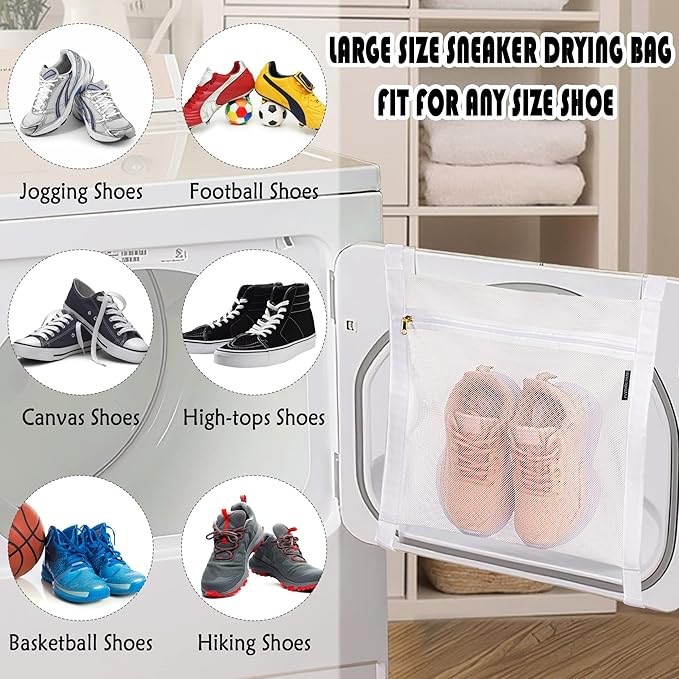 Sneaker Dryer Bag, 2 Pcs Reusable Sneaker Drying Mesh Bags, Honeycomb Net Laundry Bags with Zipper & Strap for Washing Machine, 15.7''x13.8'', White