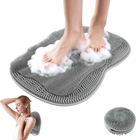 Bath Shower Foot Scrubber Mat - Silicone Shower Foot Scrubber Mat (XL) Cleaner Foot Toes Clean Pad Without Bending Non-Slip Suction Cups Bathroom mat 17.2 * 13 inch - Grey