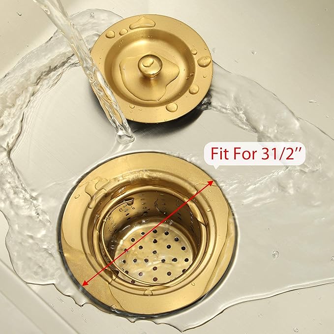 Gold Kitchen Sink Drain Assembly,Gold Sink Strainer with Removable Deep Waste Basket,Fit for Kitchen Sinks with Opening Size 3 1/2"