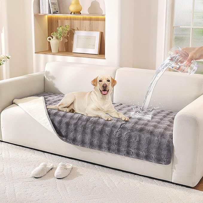 Waterproof Dog Bed Cover Non Slip Couch Covers for Dogs Washable Soft Faux Fur Sofa Cover Couch Covers for 3 Cushion Couch Sofa Pet Friendly (Grey)