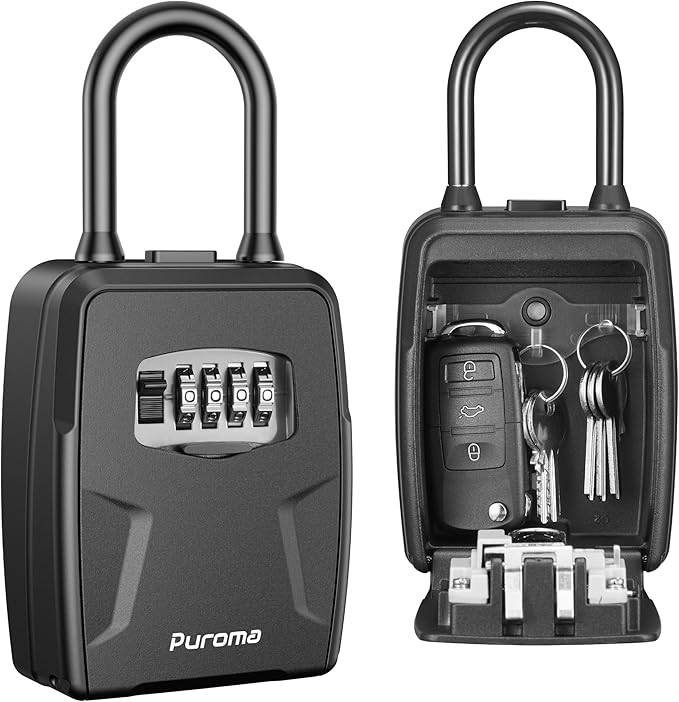 Puroma Large Key Lockbox with Hook, Resettable Combination Code Lock Box, Waterproof Security Wall Mount Lock Box with Shackle for Outdoor, Home, Door Handle Apartment Key Storage (1 Pack, Black)