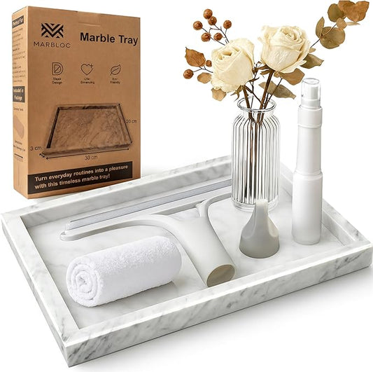 12"x8" Marble Tray White Rectangular Bathroom Tray countertop, Vanity & Kitchen | Includes Mirror Wiper and Wash Towel | Decorative Organizer for Perfume, Jewelry & Home Decor