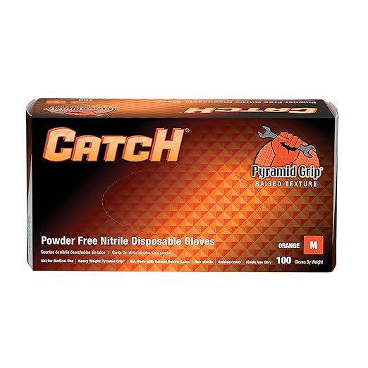 Adenna ProWorks CATCH Disposable Nitrile Gloves – 9 Mil, Heavy Duty Work Rubber Glove with Raised Pyramid Grip, Non–Latex & Powder Free, Pack of 100, Medium, Orange