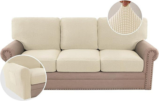 H.VERSAILTEX Multi-Pieces Sofa Covers Stretch Couch Covers Form Fitted Seats and Back Cushions Covers (3 Seat Covers Plus 3 Back Cusion Covers, Bonus 2 Armrest Covers), Natural
