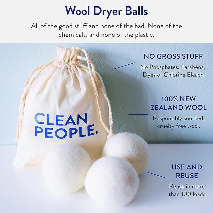 Clean People Ultra Concentrated Laundry Detergent Strips Fragrance Free & 100% New Zealand Wool Dryer Balls - 3 Pack - Plant-Based, Eco Friendly Laundry Detergent 96ct & Dryer Balls 3 Pack