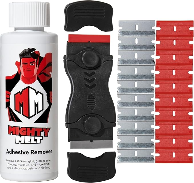 Mighty Melt Adhesive Remover Kit – 125ml Adhesive Remover and Multi-Surface Plastic Scraper Tool - For Cleaning Sticky Residue, Labels, Stickers & Sticky Tape from Windows, Ovens, Hobs & More