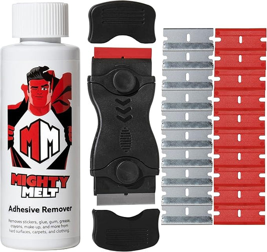 Mighty Melt Adhesive Remover Kit – 125ml Adhesive Remover and Multi-Surface Plastic Scraper Tool - For Cleaning Sticky Residue, Labels, Stickers & Sticky Tape from Windows, Ovens, Hobs & More