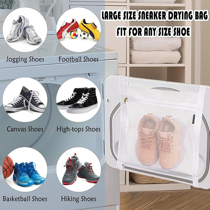 Shoe Drying Bag, Sneaker Bags for Dryer, Bag for Drying Shoes, Reusable Shoe Dryer Mesh Bags, Honeycomb Net Laundry Bags with Zipper & Strap for Washing Machine, Shoes, Clothing, 15.7x13.8 Inch, White