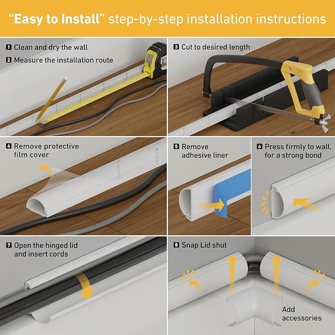 D-Line Half Round Cord Hider, Patented Cable Cover, Hide TV Wall Mount Wires, Raceway for Cords, Decorative Wire Covers, Paintable, Adhesive Cable Concealer, 1x 0.78in W x 0.39in H x 39in L,White