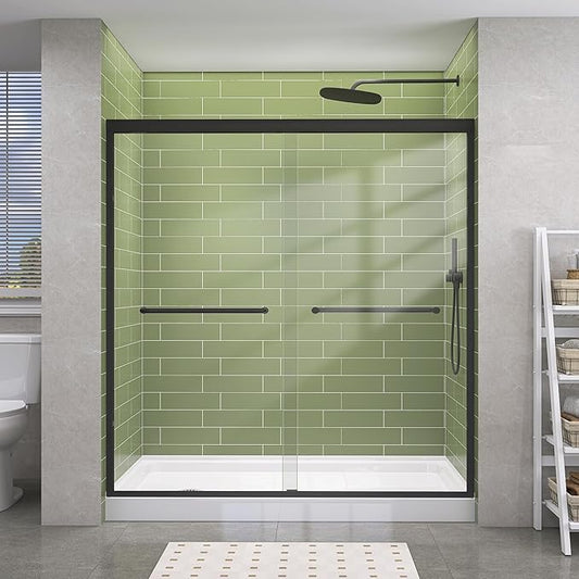 GETPRO Shower Door Double Sliding 62-66 in. W x 72 in. H Semi-Frameless Bypasss Bathroom Glass Shower Sliding Doors 1/4 inch Clear Tempered Glass Door for Walk-in Shower Matte Black