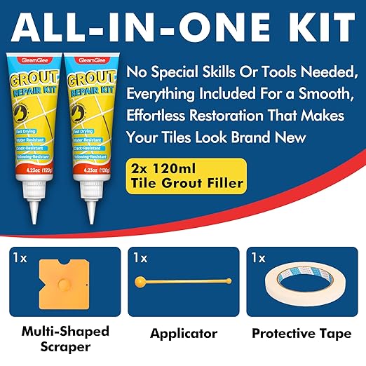 Tile Grout Repair Kit, 2 Pack Grout Filler - Fast-Drying Grout Paint, Restore & Refresh Tile Joints for Bathroom, Shower, Kitchen & Floor Tiles - Grey