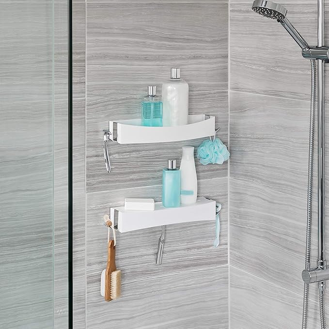 Better Living Clever Flip Shower Shelf, Basket or Shelf, Wall Mounted Shower Caddy Organizer with Removable Hooks, Multi-Purpose, No Drilling Adhesive, 16.88" x 4" x 2.88", White