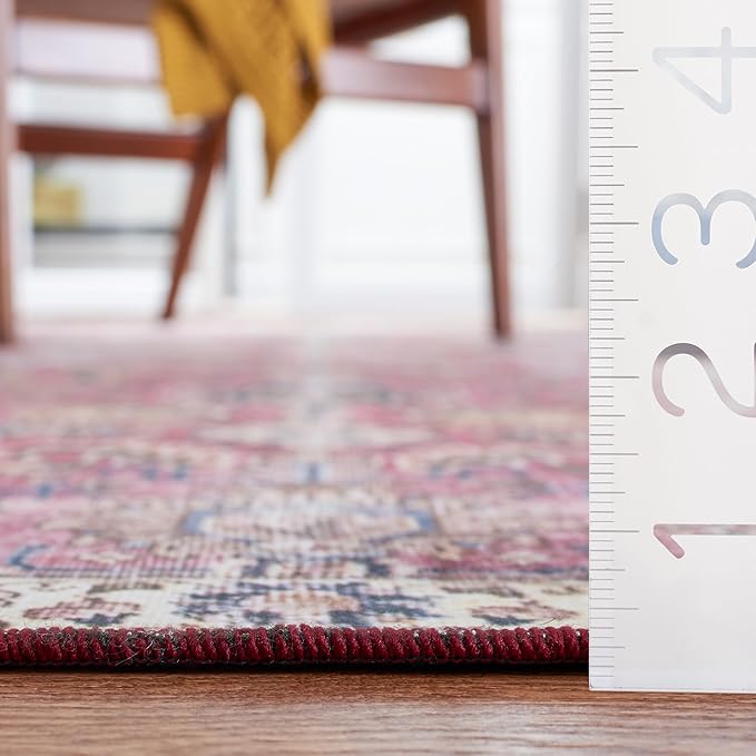 SAFAVIEH Washable Rug Tucson Collection - 6' Square, Red & Beige, Slip Resistant & Easy to Clean, Ideal for Living Room, Bedroom, Dining Space (TSN174Q)