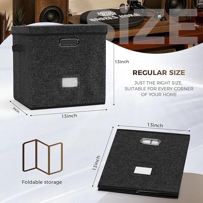 Sturdy Vinyl Record Storage Box - Album Storage Holds up 50+ Single Record, LP Storage Organizer Crate With Lid, Decorative Moving Box For Records, Solutions to Protect Your Precious Collection Black