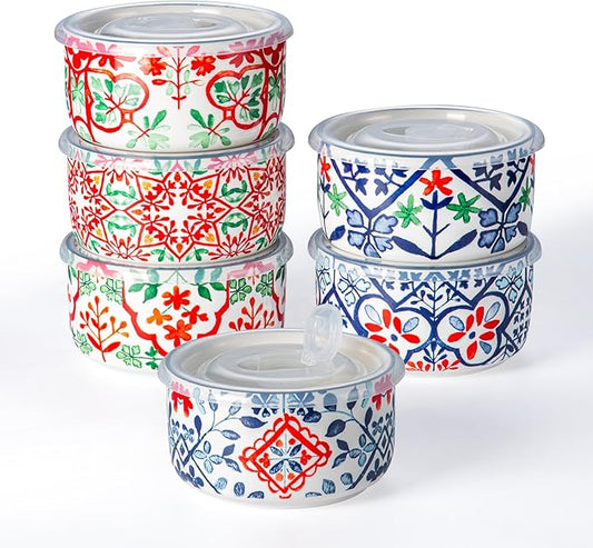 Ceramic Bowls Set with Lids: Set of 4 Microwave Safe Bowls for Soup Meal Prep Cereal Salad Fruit - Food Storage Containers with Lids for Work Lunch Pinic Camping - Pattern A3