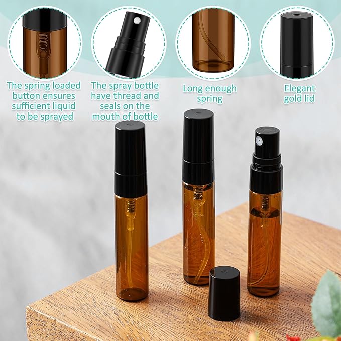 Zhehao 25 Pcs Mini Spray Bottles 5 ml Clear Glass Perfume Bottles Refillable Fine Mist Perfume Atomizer Portable Empty Sample Containers for Cleaning, Essential Oils, Travel (Amber)