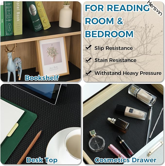 Hersvin Shelf Liners, 24 in x 20 ft Kitchen Drawer Mats, Non-Adhesive EVA Cupboard Protector, Cabinet Lining (Black Dot)
