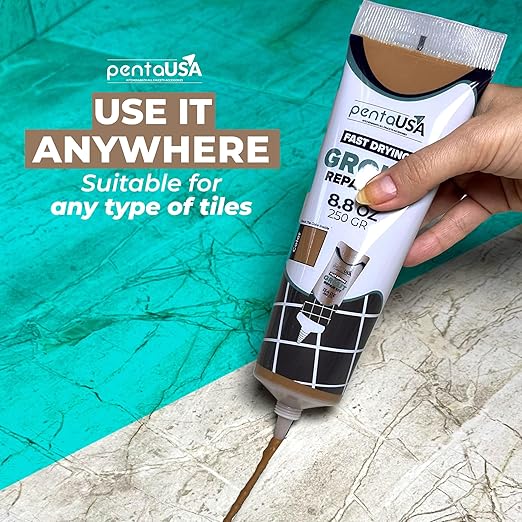 PentaUSA Brown Tile Grout Repair Kit - Premixed Filler for Cracks & Gaps, Waterproof Ready to Use Grout Repair for Shower, Kitchen & Bathroom-8.8oz (250g - 0.55 lb)