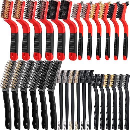 Sumind 60 Pcs Wire Cleaning Brush Set Nylon/ Stainless Steel/ Brass Metal Brush with Curved Handle Grip Paint Remover for Cleaning Rust Grout Cleaner (Nylon, Brass, Stainless Steel)