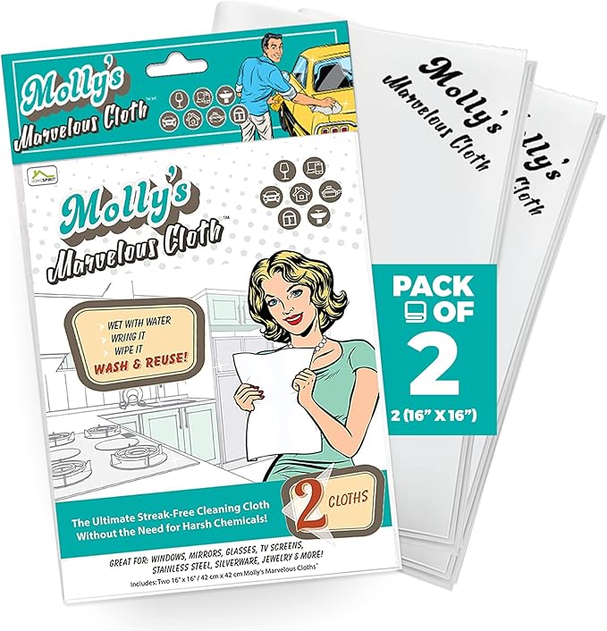 Molly's Marvelous Cloth, Streak-Free, Lint-Free Microfiber Cleaning Cloth, Polishing Cloth for Glass, Stainless Steel, Use for Kitchen, Bath, Cars, Detailing, Reusable (2pk, White)